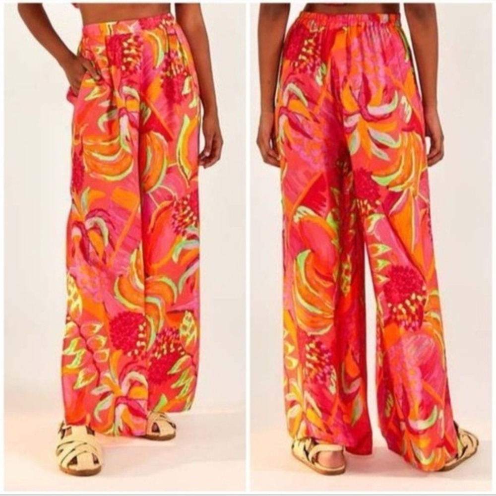 NWOT Farm‎ Rio Wide-Leg Pants M Hi Rise Fruit Brush Floral Boho Beach Maximalist